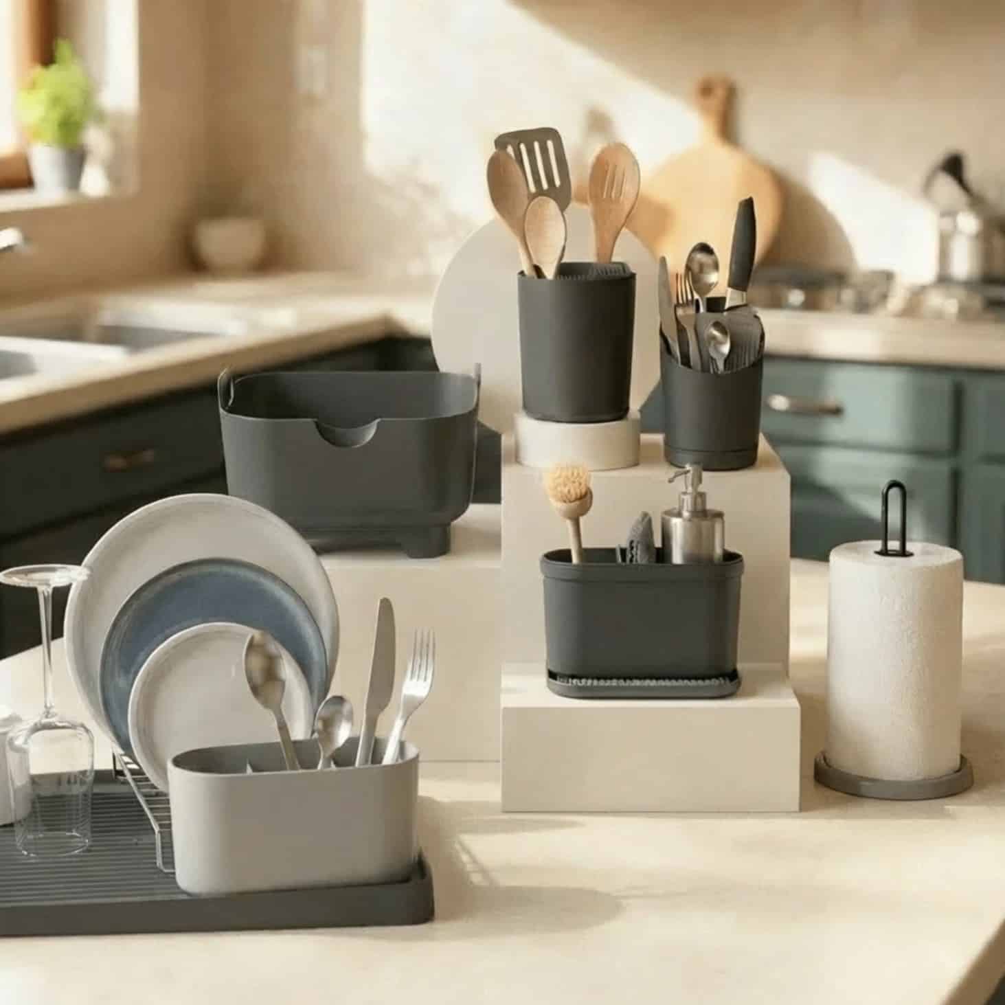 ReBorn Homes recycled plastic kitchen organisers on a countertop