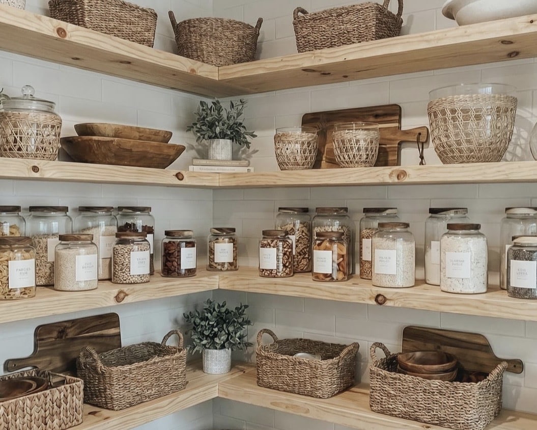 Solid wood corner floating shelves in a pantry holding labelled glass jars and woven baskets, kitchen floating shelves