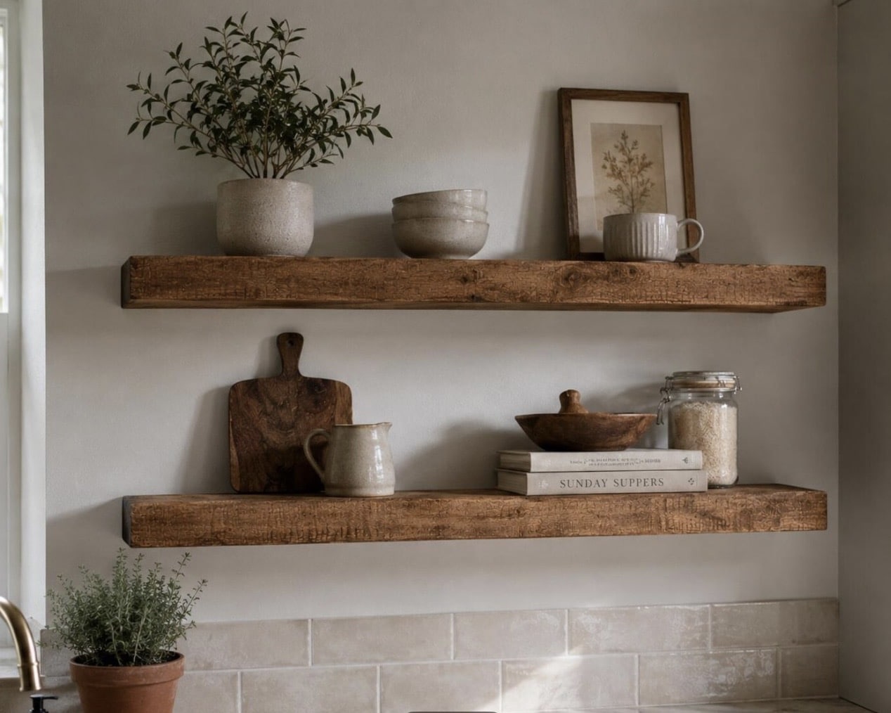 Two chunky rustic solid wood floating shelves styled with ceramics, jars and a framed print, kitchen floating shelves