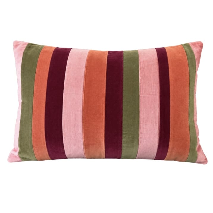 Velvet stripe bolster cushion in pink, burgundy and coral, handmade in London