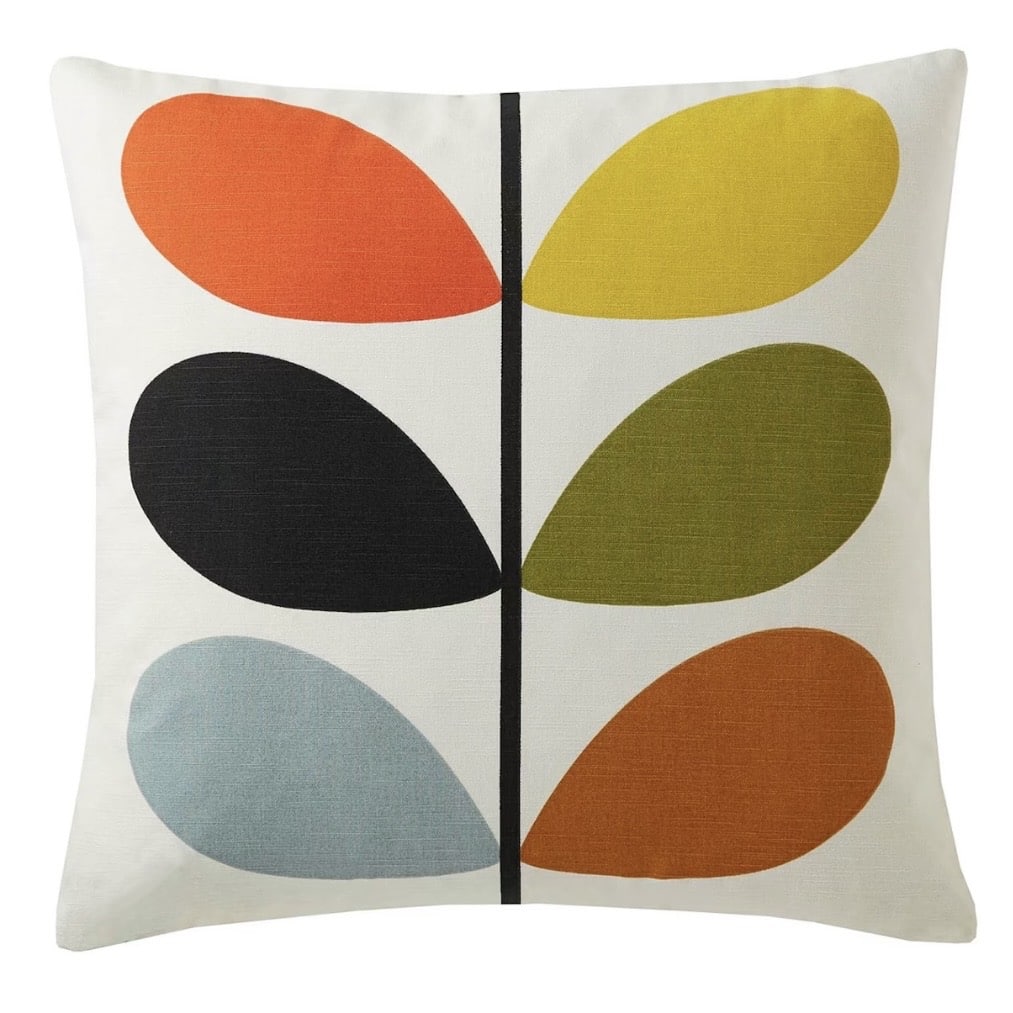 Orla Kiely Multi Stem cushion with orange, yellow and green leaves
