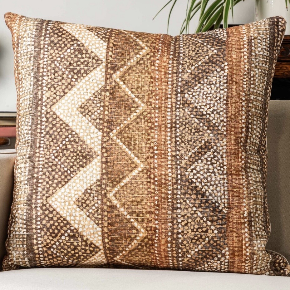 Aztec stripe extra-large cushion cover in terracotta and brown geometric print