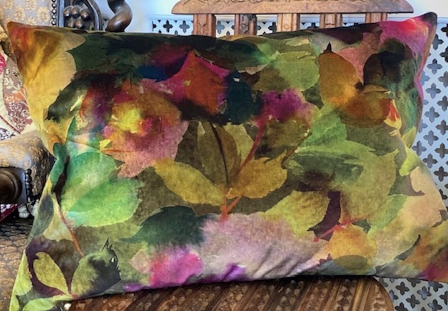 Pink and green velvet ikat lumbar cushion by OttomanMaison