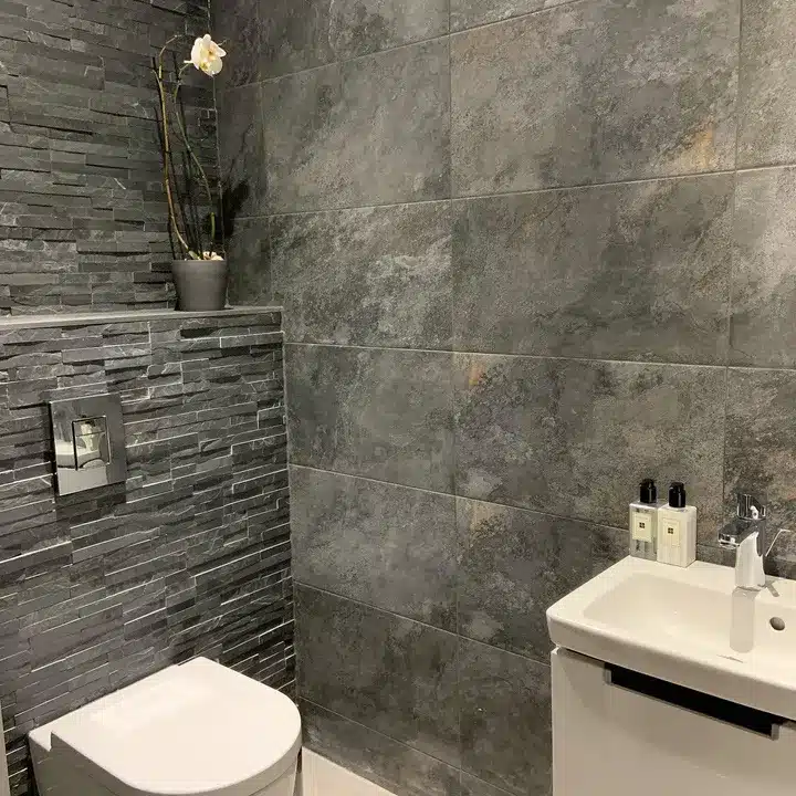 Cloakroom with dark slate-effect wall tiles and split-face slate cladding behind a wall-hung WC