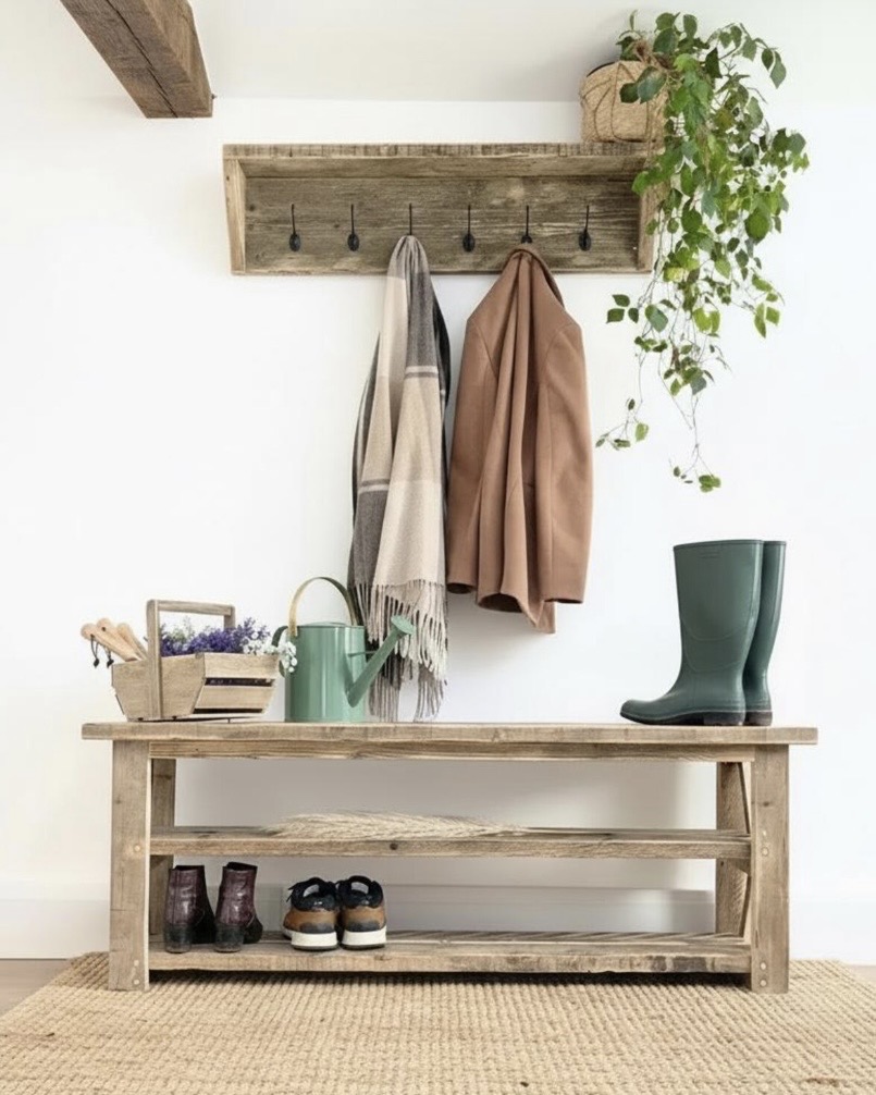 reclaimed wood shoe storage bench with coat hooks and hanging plant