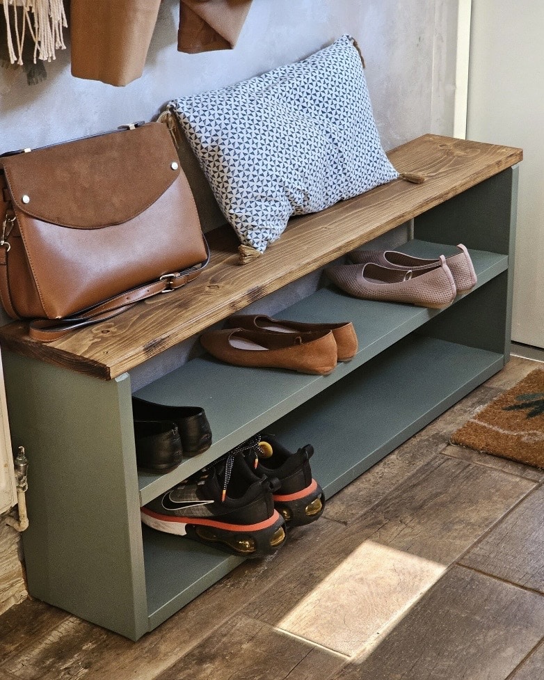 rustic shoe bench with sage green base and wooden top