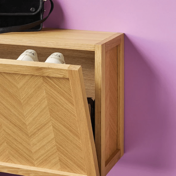 Hubsch herringbone shoe cabinet tilt-out door open showing trainers