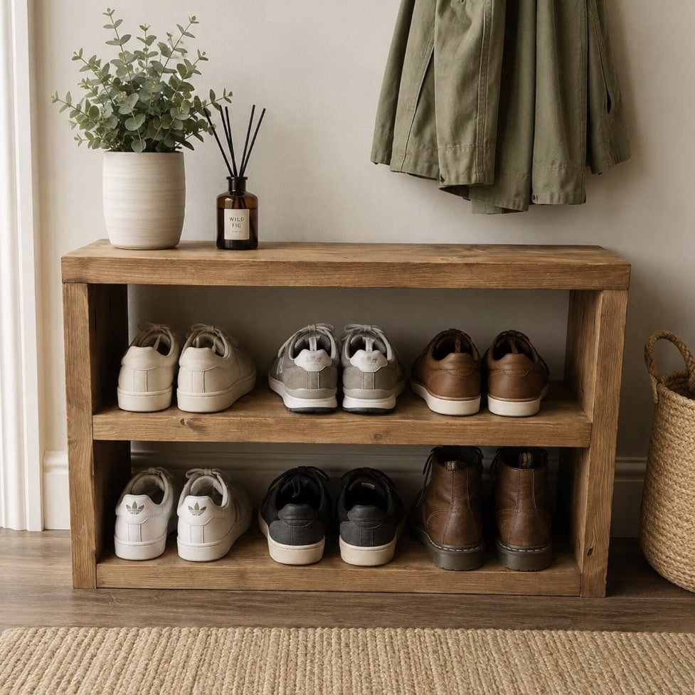 chunky two tier wooden shoe storage bench with trainers and boots