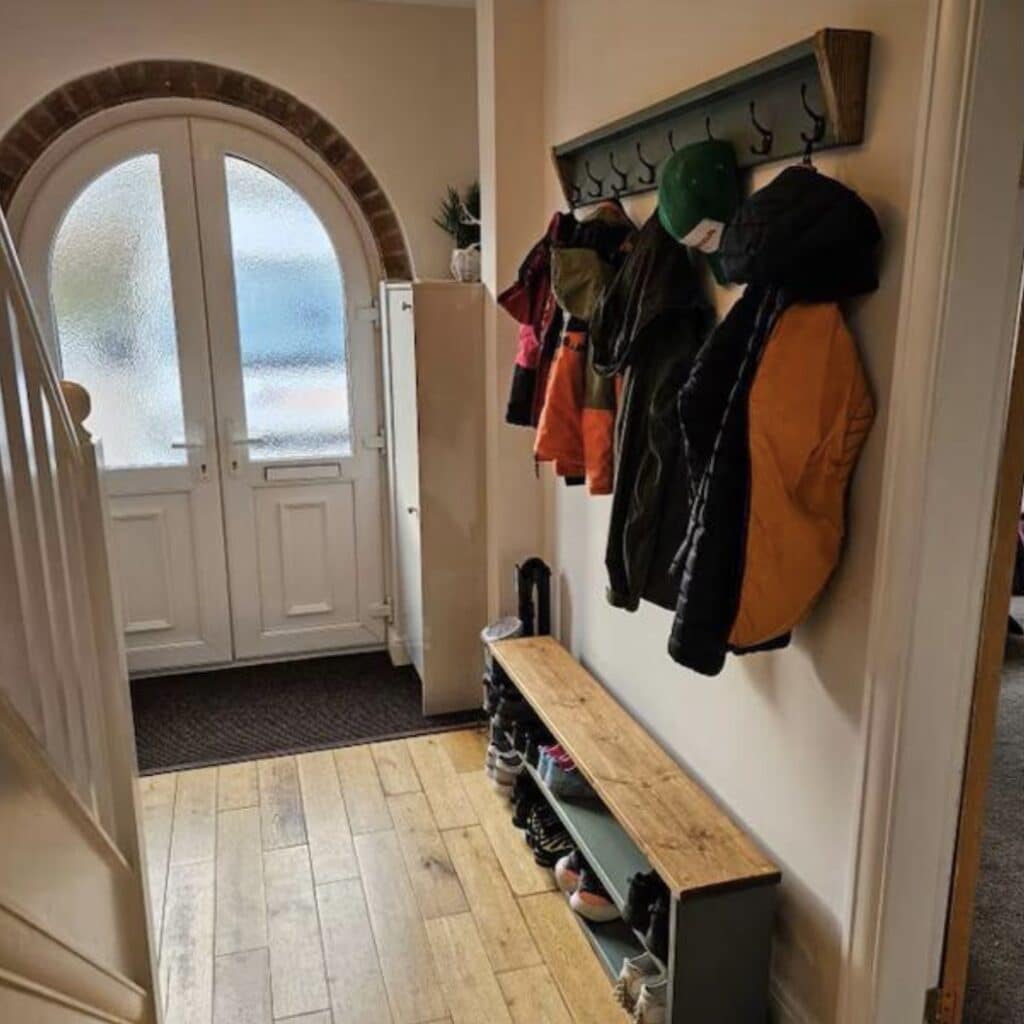 wooden shoe rack bench and coat rack set in hallway