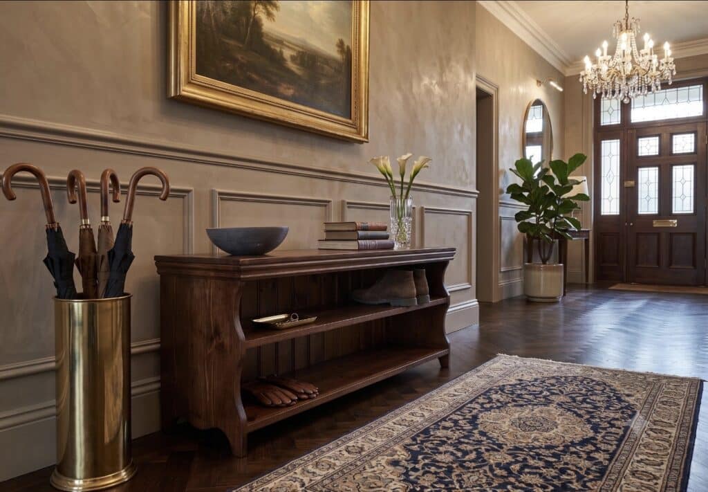 heritage dark oak shoe bench in traditional entrance hall