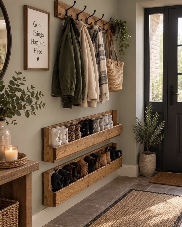 handmade wooden floating shoe rack mounted on sage green hallway wall