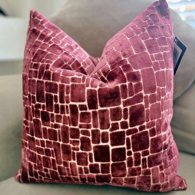 Wine cut velvet cushion with raised tile pattern