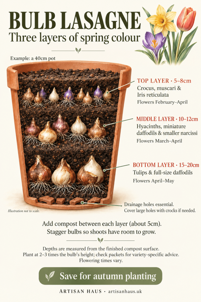 Bulb lasagne diagram showing tulips, hyacinths and crocus planted in three layers in a 40cm pot