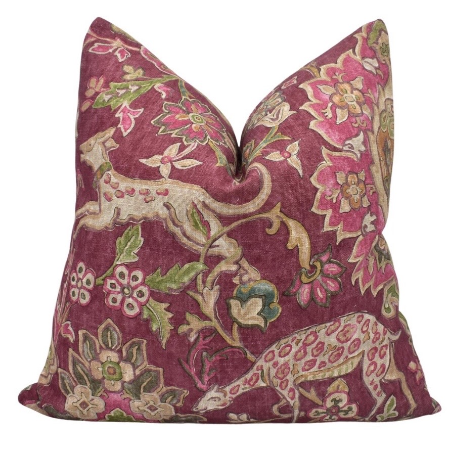 Plum Mulberry Wild Things cushion with deer, leopards and pink florals