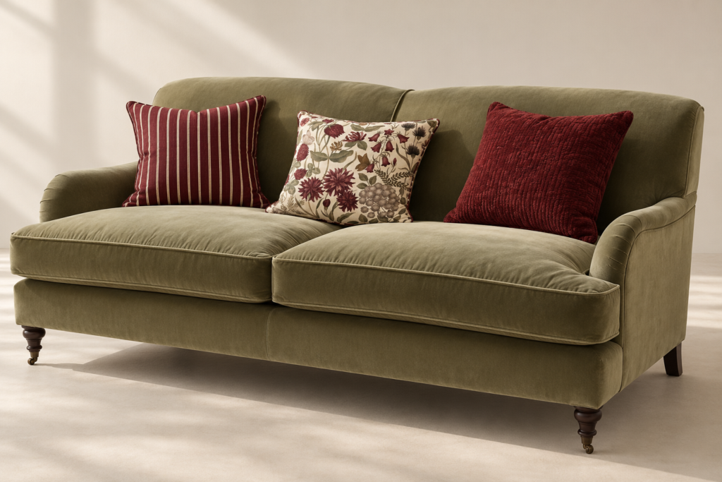 Burgundy cushions on an olive green velvet sofa with stripe, floral and chenille mix
