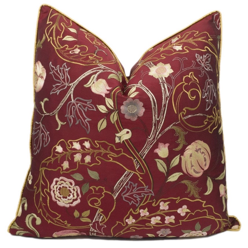 Burgundy William Morris embroidered cushion with rose and gold florals