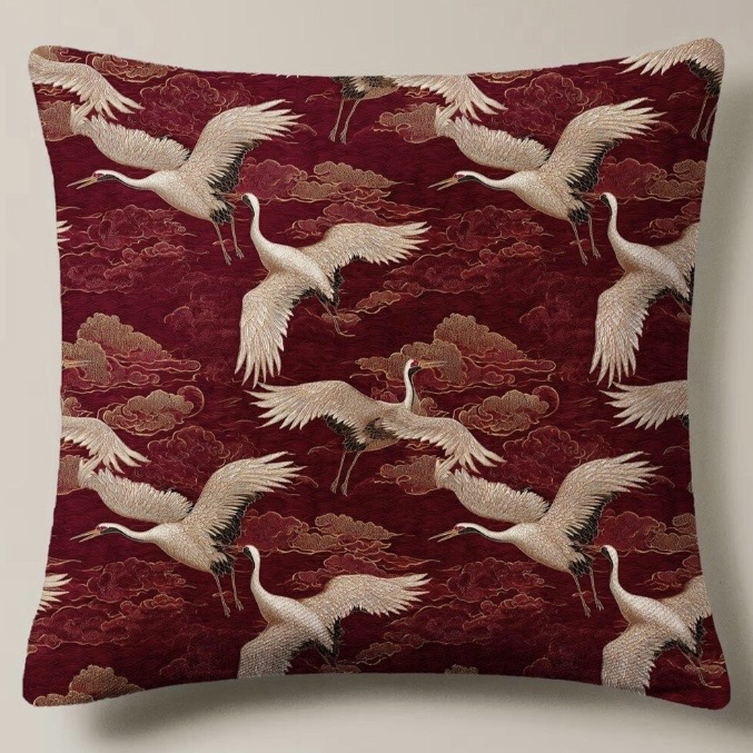 Burgundy chinoiserie cushion with cream cranes and gold clouds