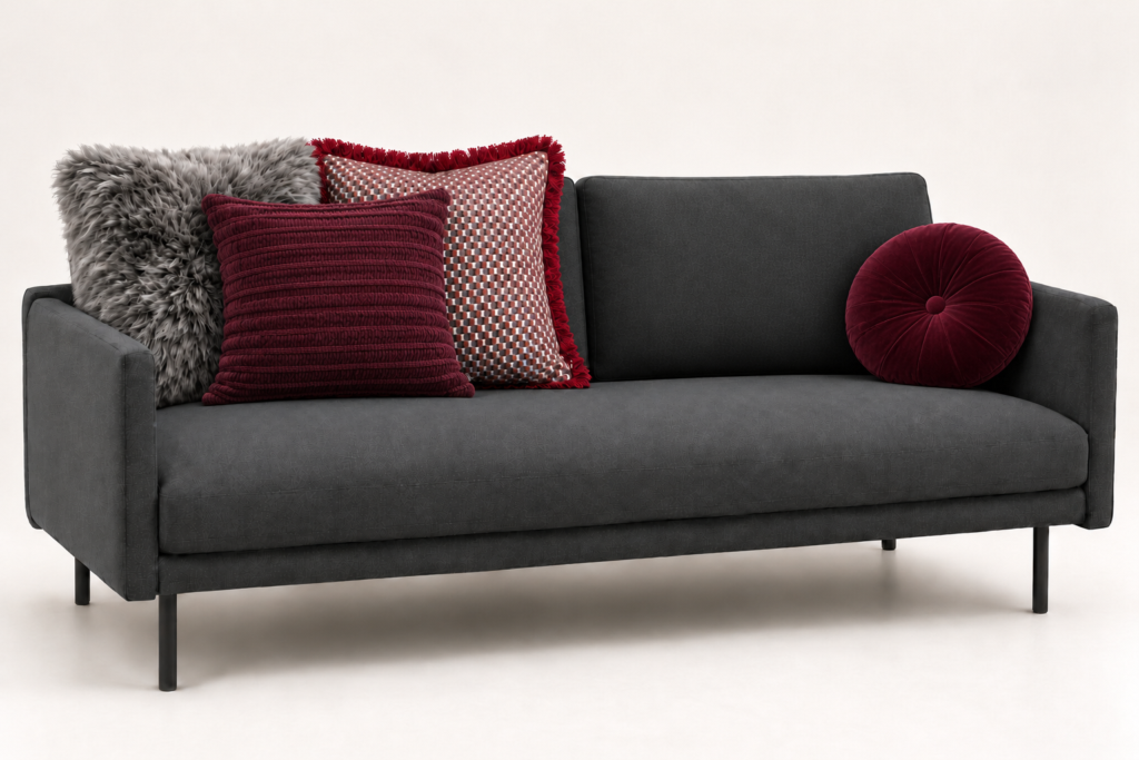 Burgundy and grey cushions grouped on a dark grey sofa with a round velvet cushion