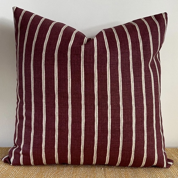 Handmade maroon striped cotton cushion with fine cream stripes