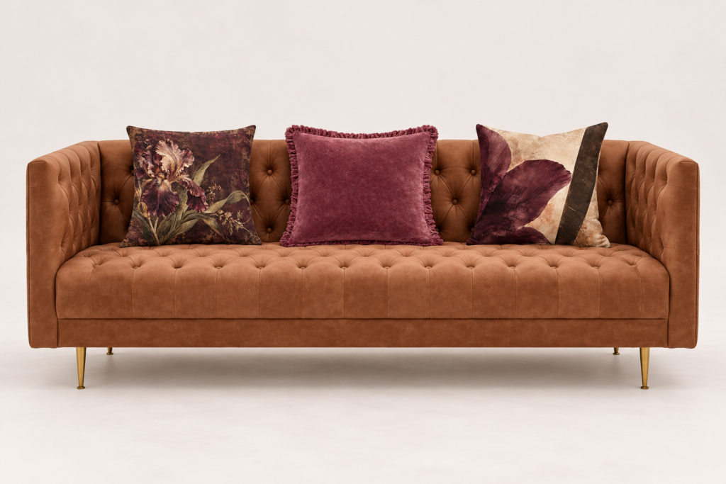 Burgundy floral and velvet cushions on a tufted cognac leather sofa