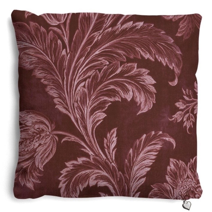 Burgundy floral cushion with tonal feathered leaf pattern