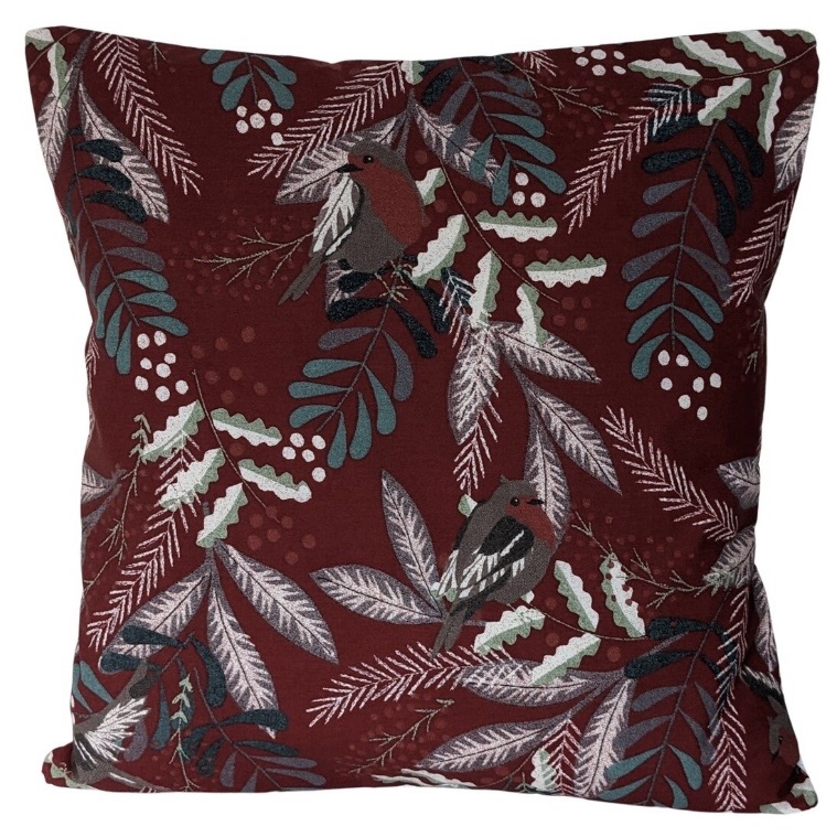 Deep red Christmas cushion with robins, berries and winter foliage
