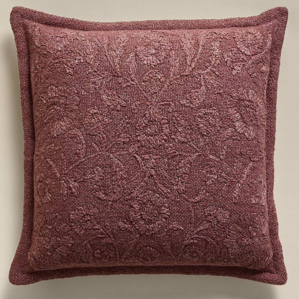 Chestnut textured cushion with tonal floral embroidery