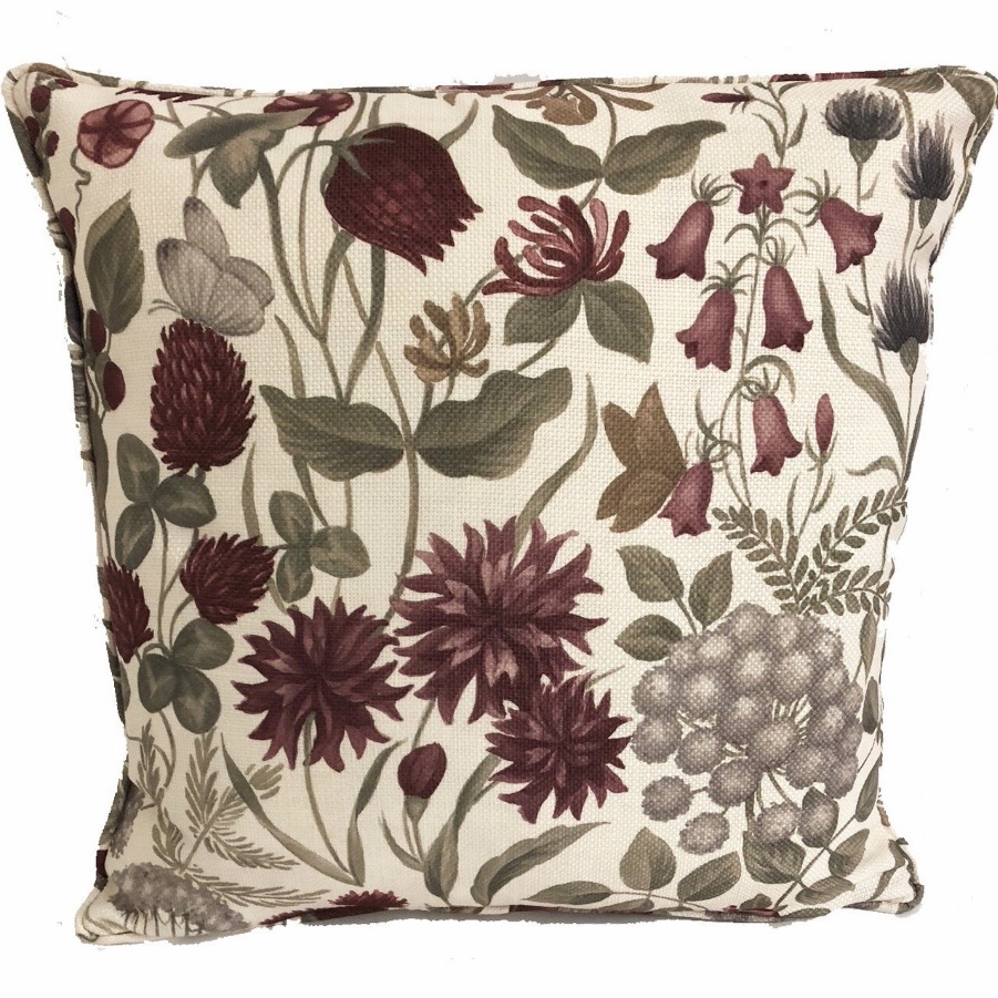 Cream botanical cushion with Bordeaux flowers and sage leaves