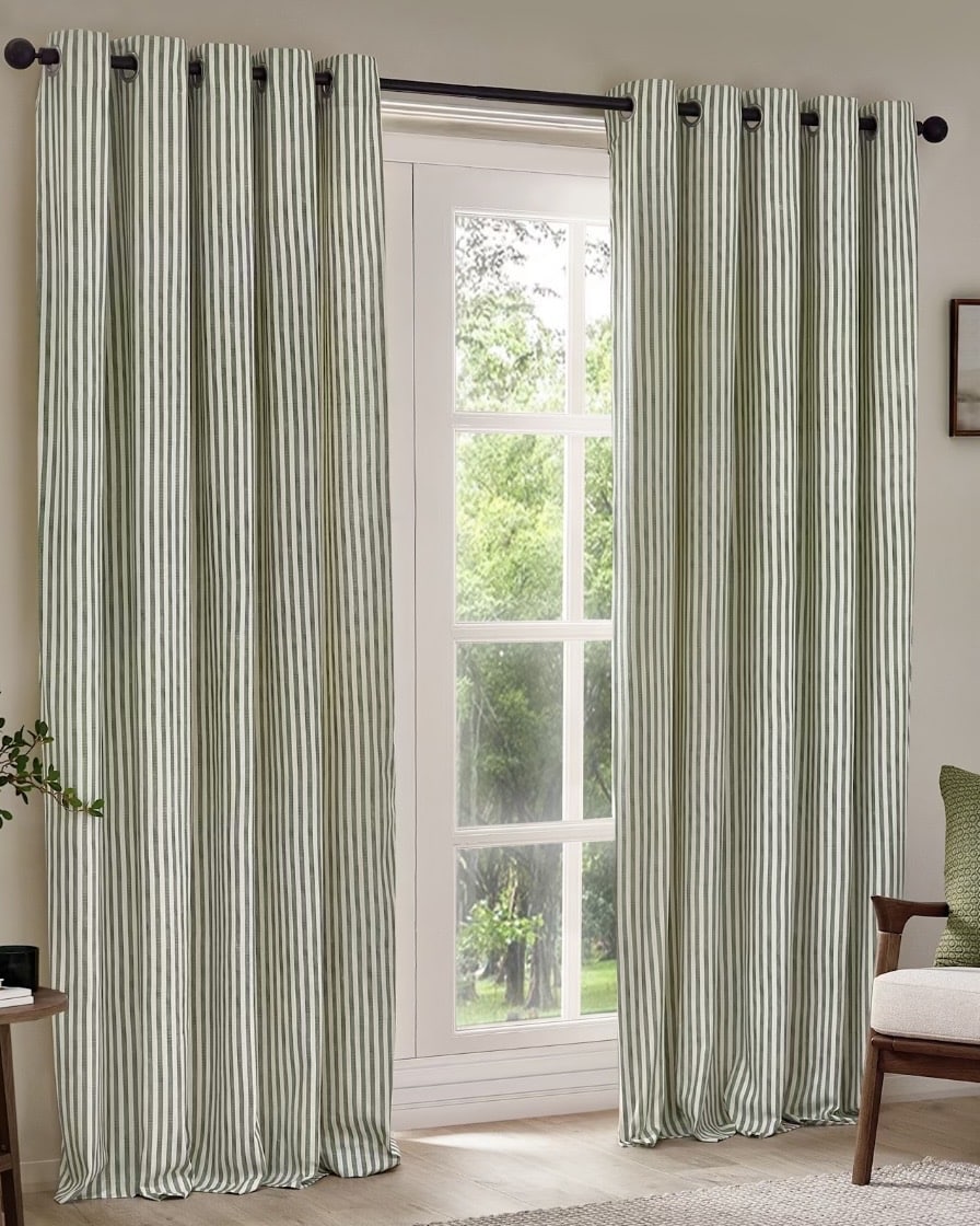 Dark green and white striped cotton eyelet curtains