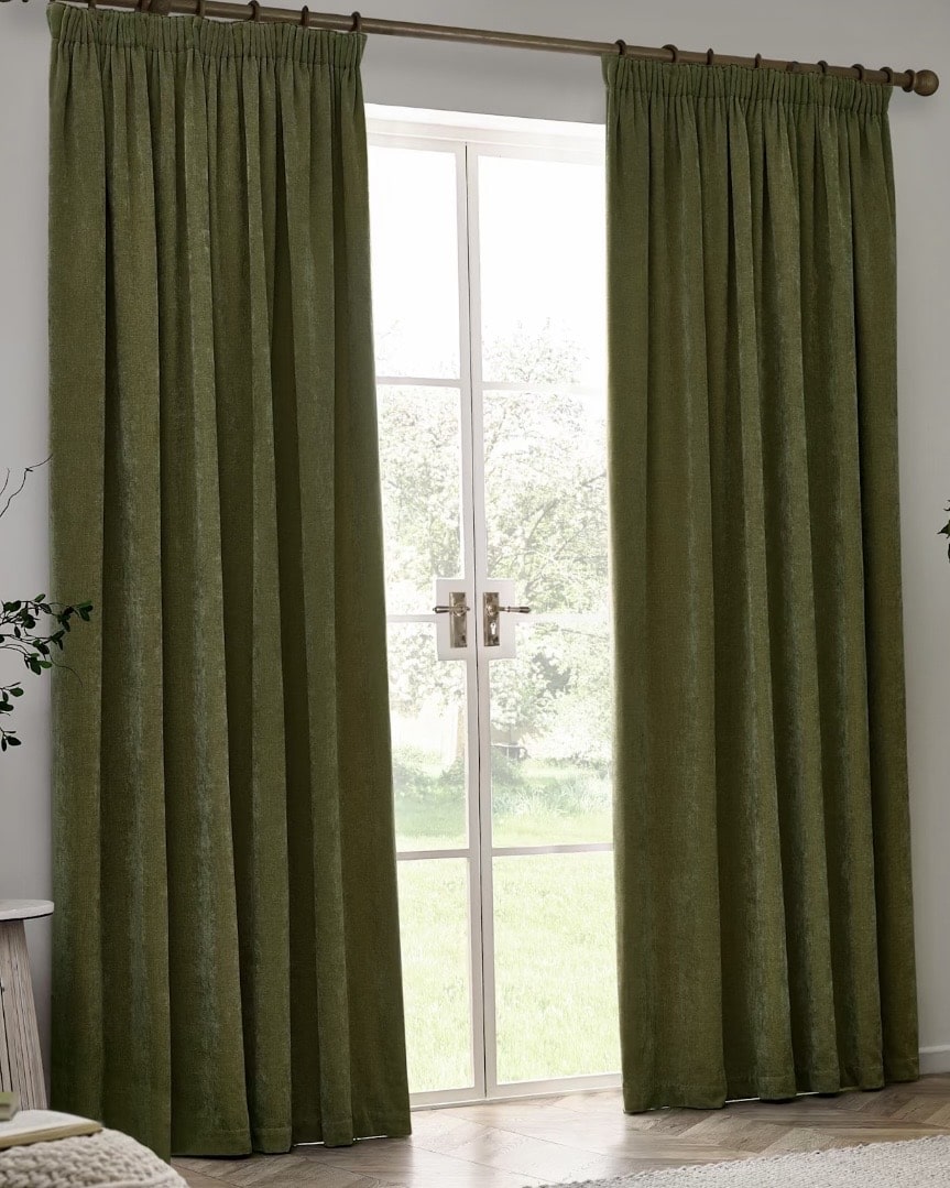 Olive green chenille velvet pencil pleat curtains for a bedroom