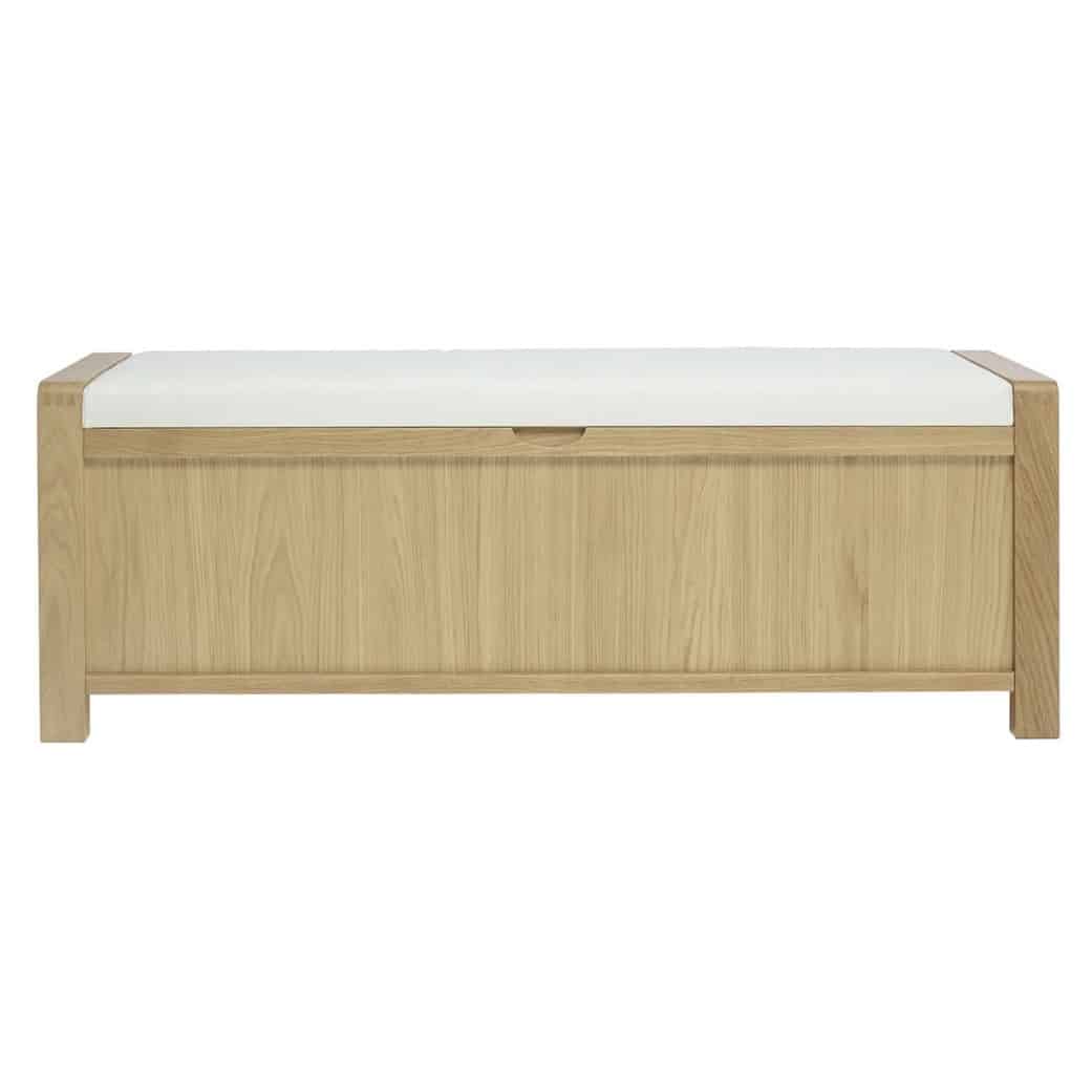 Ercol Bosco oak storage bench with an upholstered seat