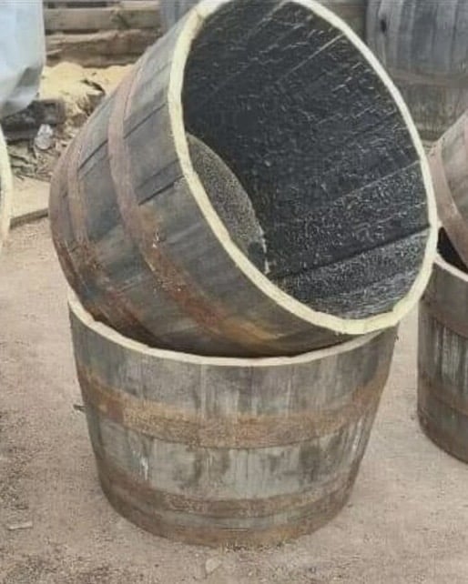Reclaimed oak half whisky barrel planters with metal hoops, for planting spring bulbs