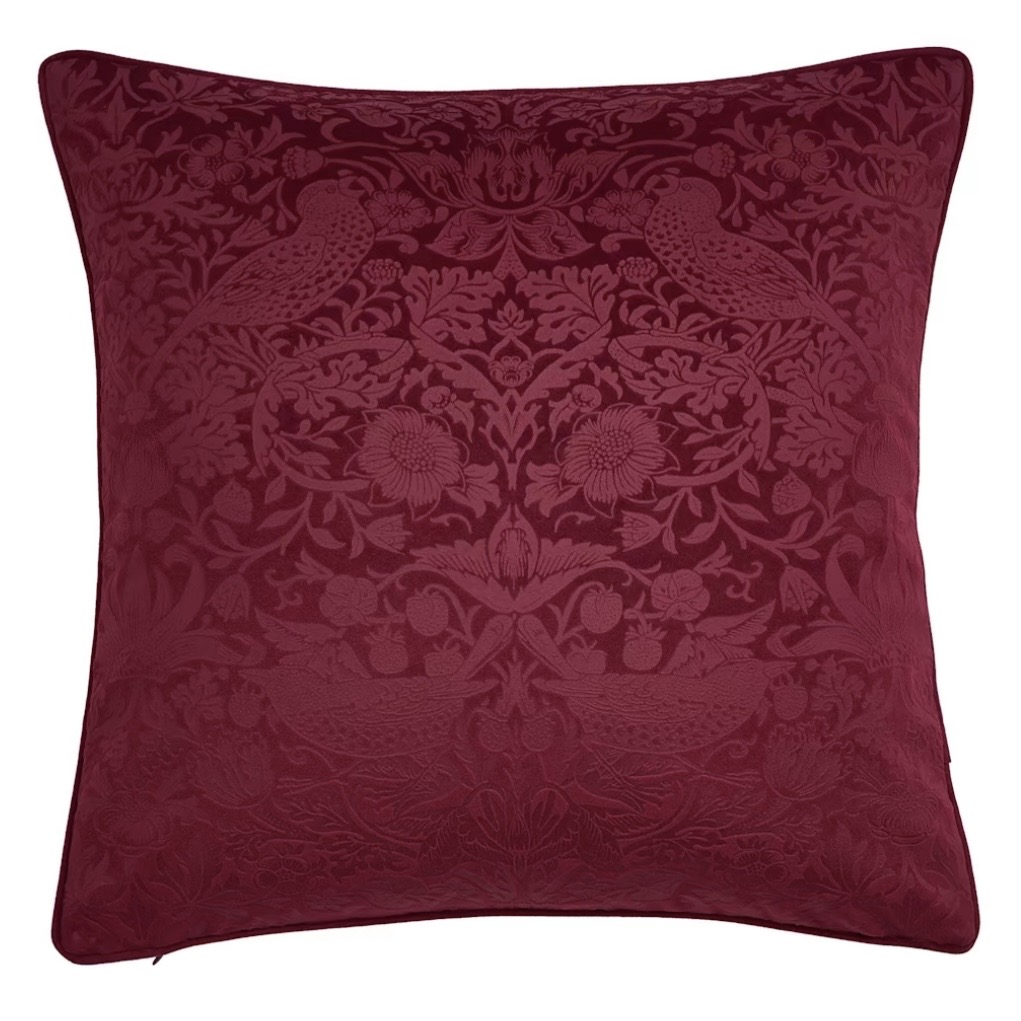 Berry velvet cushion embossed with William Morris Strawberry Thief pattern