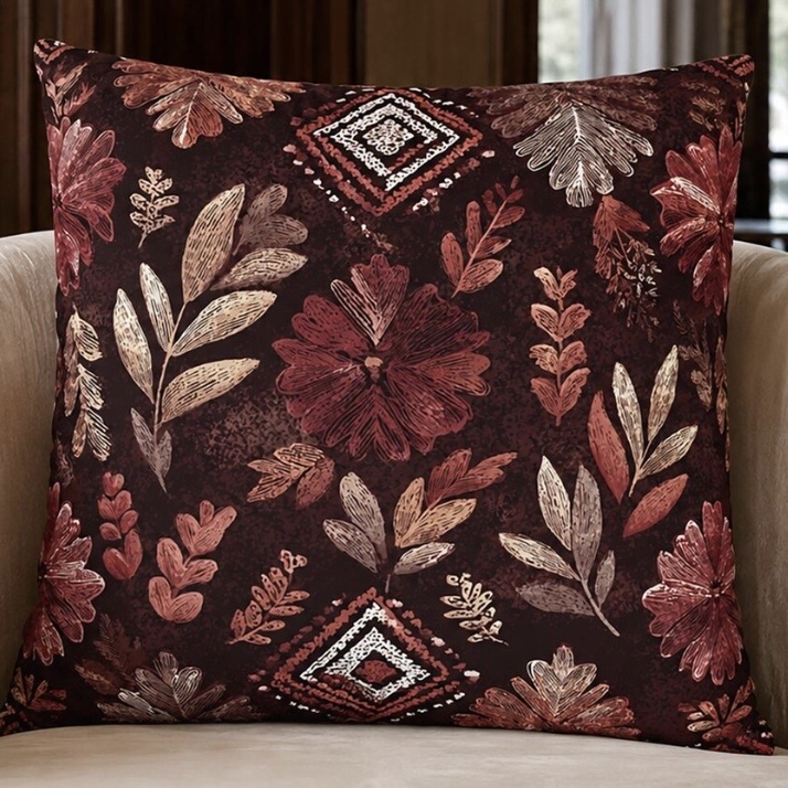 Burgundy floral cushion with plum and rose botanical print on a cream velvet armchair