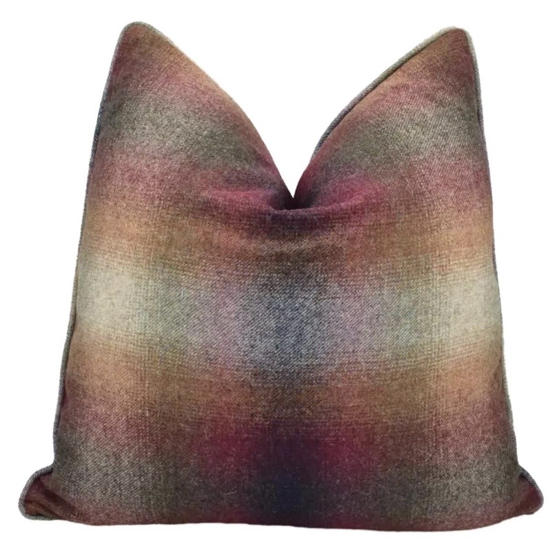 Burgundy wool check cushion with heather, ochre and slate tones
